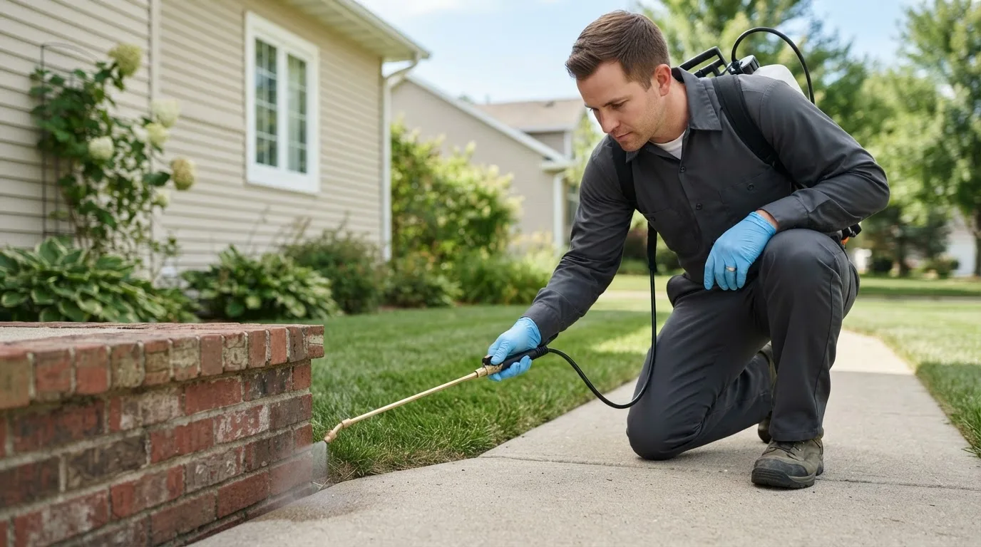 Pest control technician treating a home near North Adams, MI